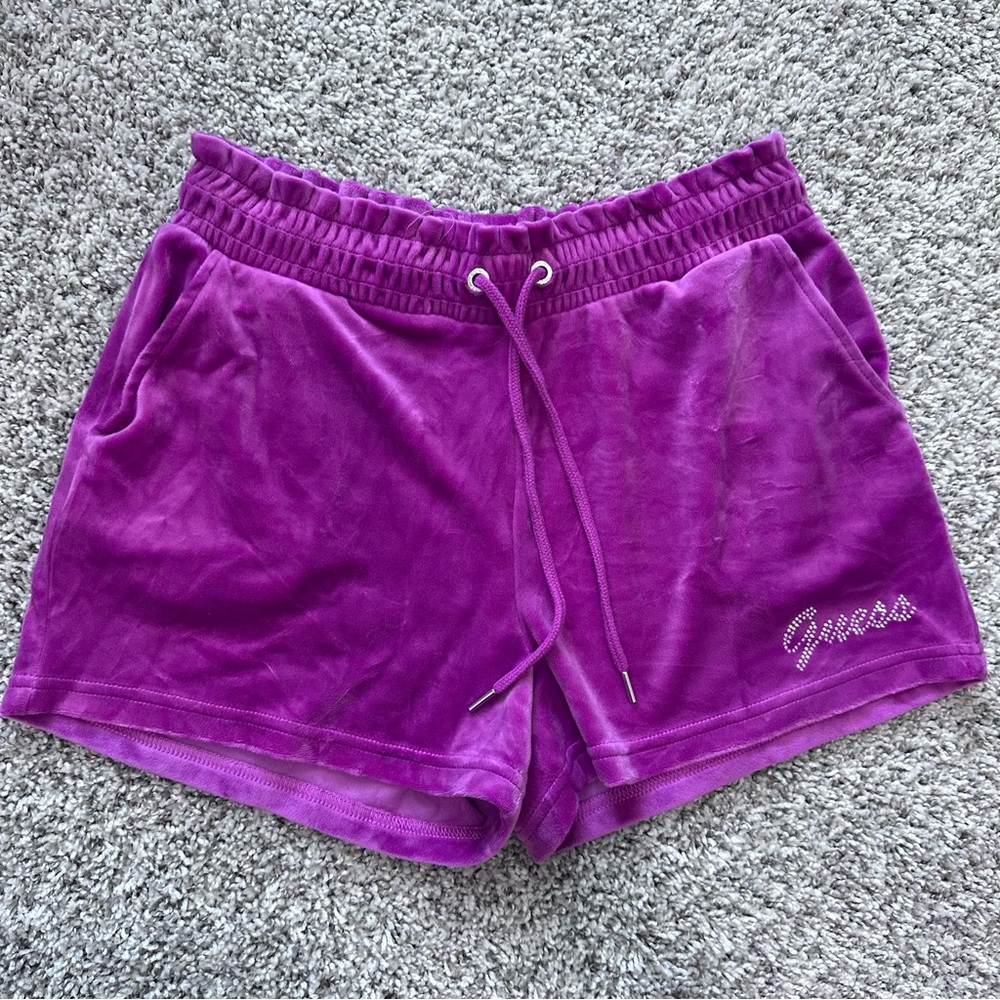 Like new Velour hot pink bedazzled Y2K style Guess drawstring shorts
